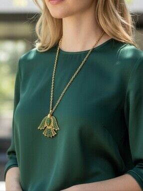 Gold-Tone Necklace with Emerald Green Pendant - Women's Fashion Jewelry